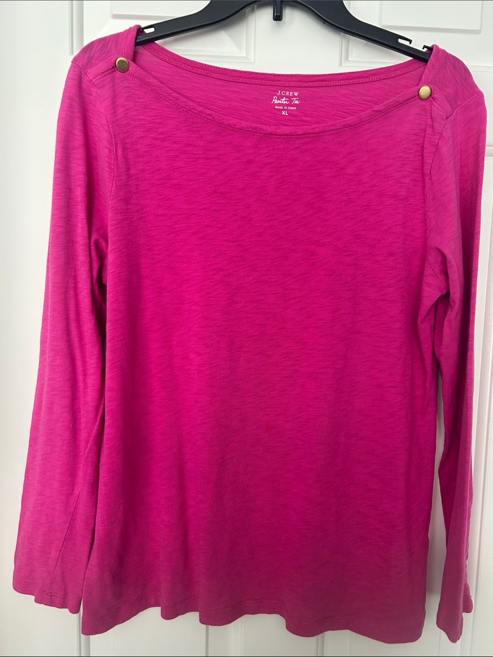 J. Crew Hot Pink Boatneck Long Sleeve Top with Gold Shoulder Buttons
